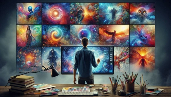 An artist viewing vibrant AI-generated images on a digital screen An artist viewing vibrant AI-generated images on a digital screen