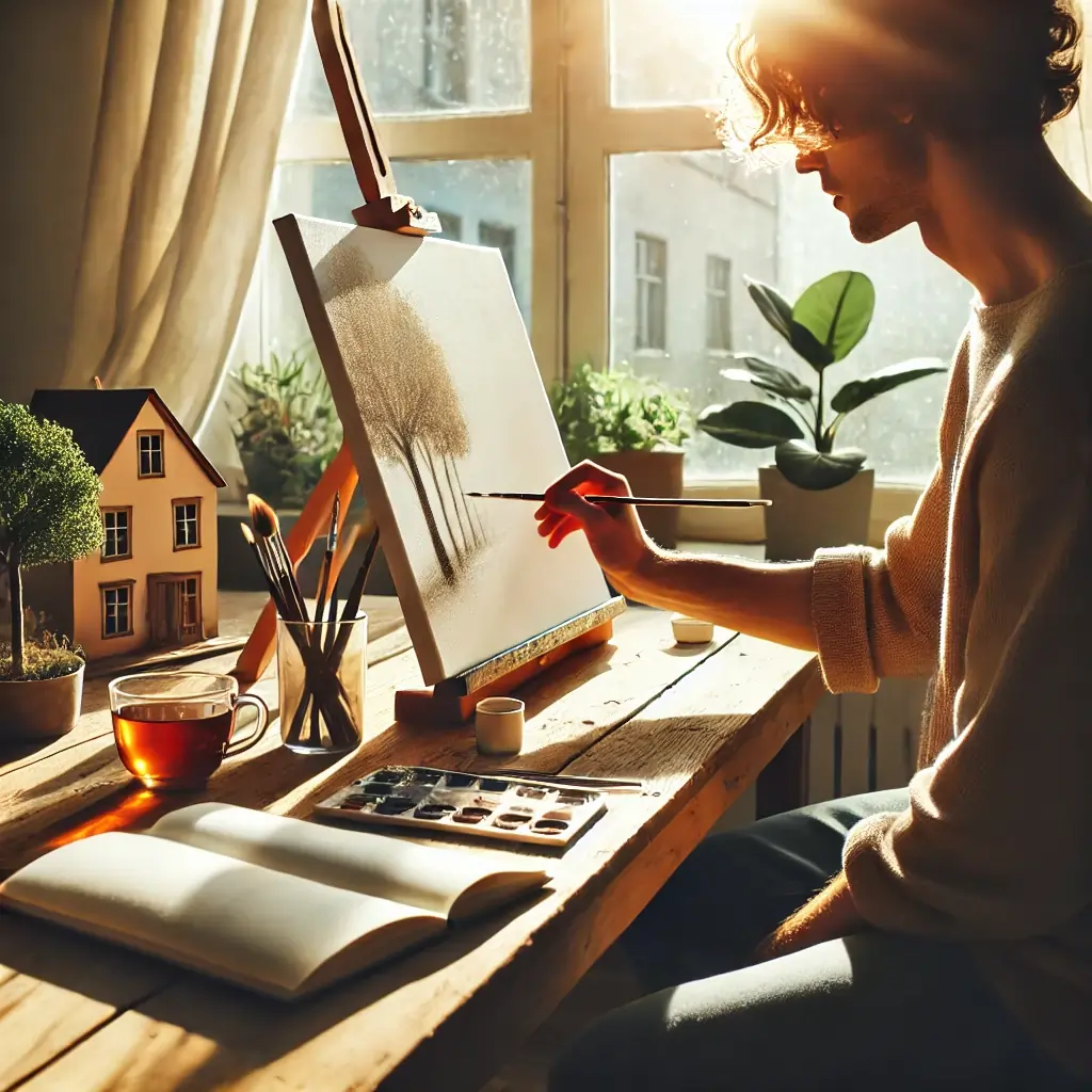 A person painting, exercising, or writing as part of a positive lifestyle.