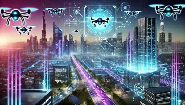 IN 2025, Top 10 Innovation Patterns For New Technology 4 Futuristic cityscape with AI-powered drones and holographic technology representing innovation.